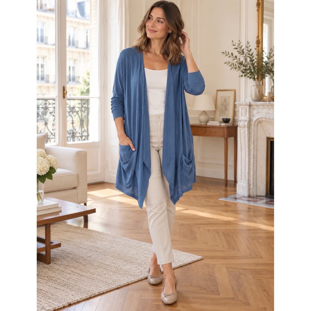 J. Jill Blue Linen Cotton Blend Open Front Cardigan with Pockets Womens Large